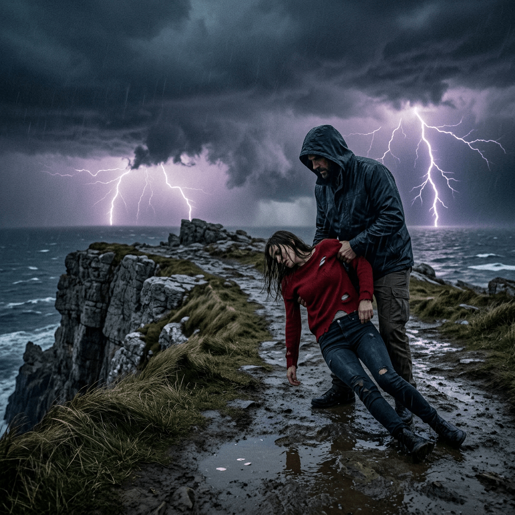 Man holding unconscious woman near cliff during storm with lightning and rough sea
