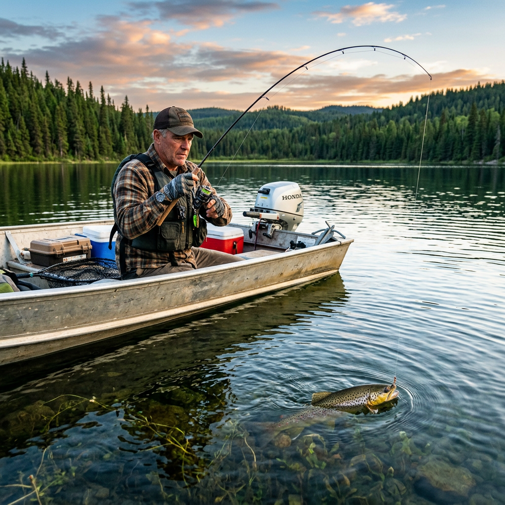 Man fishing from boat on a calm lake with a large trout caught on the line