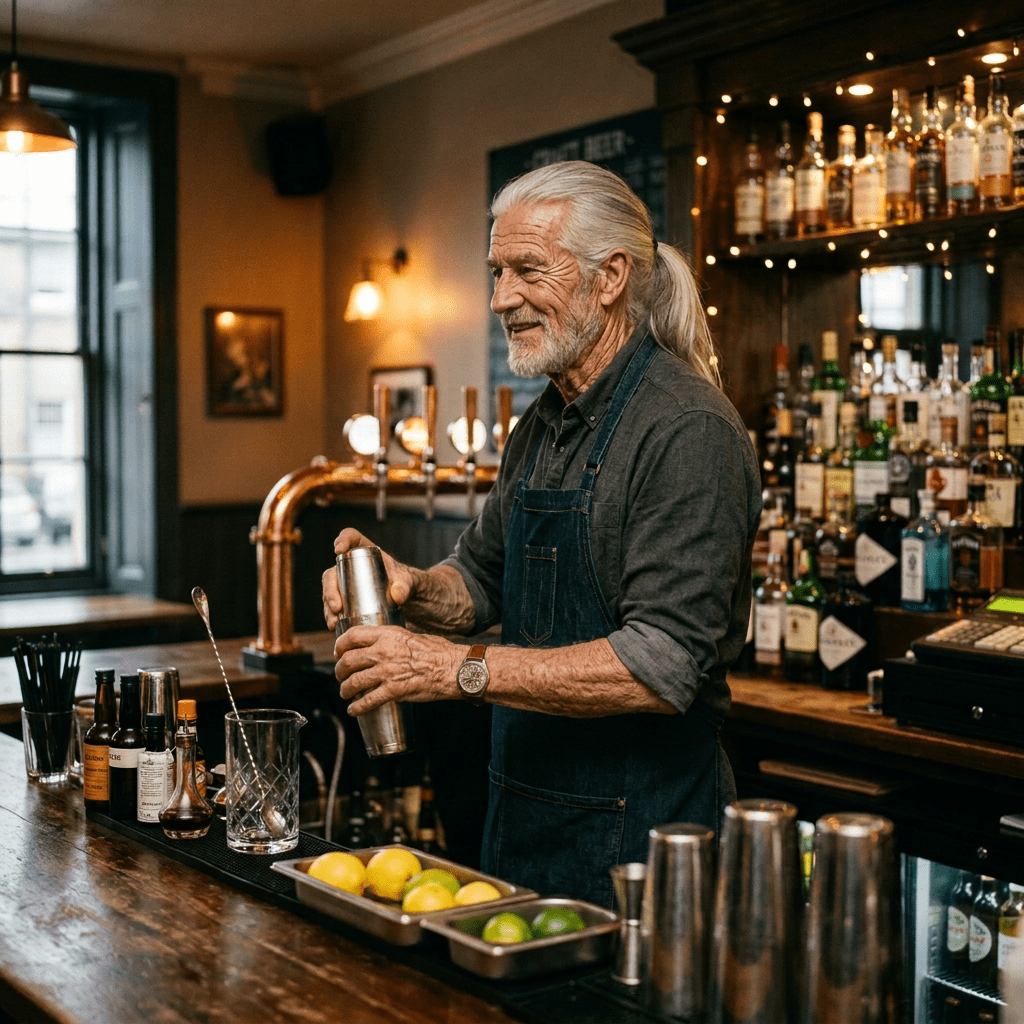 Bartender shaking a cocktail behind a bar stocked with liquor bottles