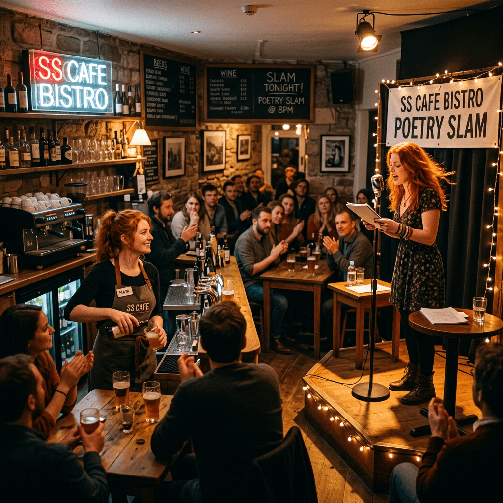 Poet reading at a poetry slam in a crowded cafe bistro
