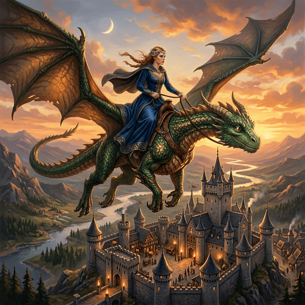 Armored woman riding a green dragon above a medieval castle