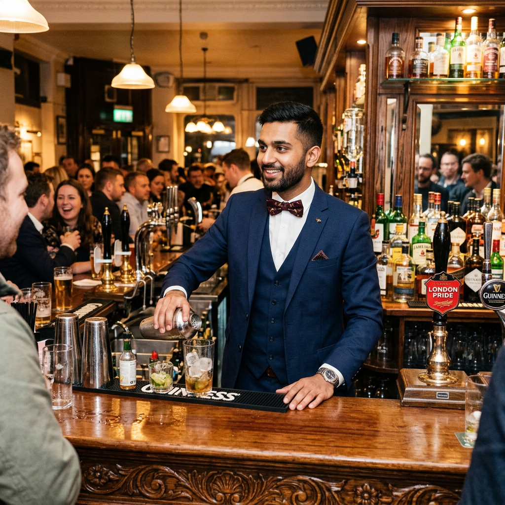 Bartender in a blue suit mixing drinks behind a crowded pub bar