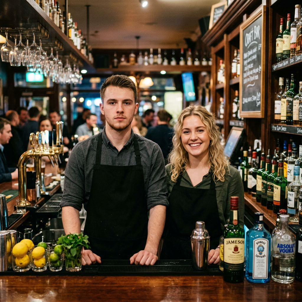 Two smiling bartenders stand behind a busy pub bar