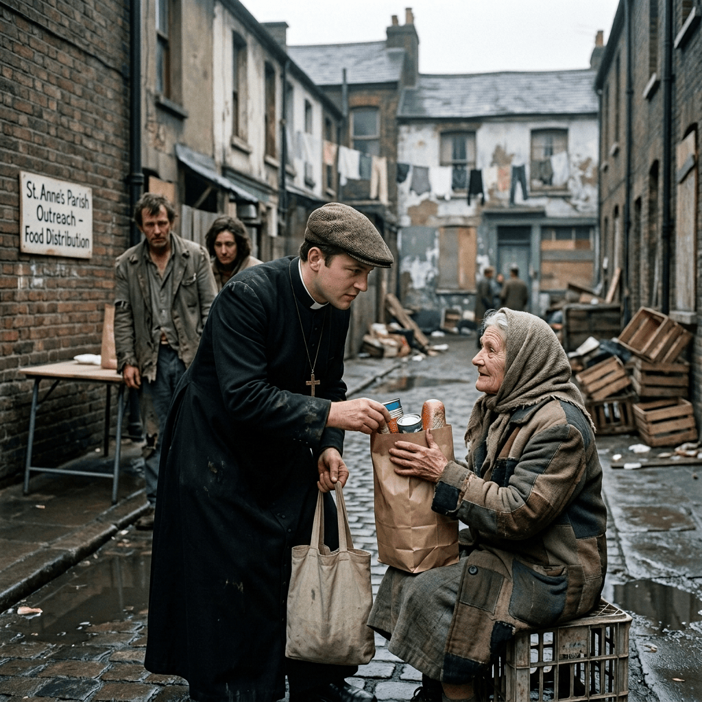 Parish priest handing groceries to an elderly woman in a rundown alley