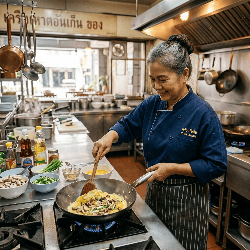Solo older Thai chef cooking omelette