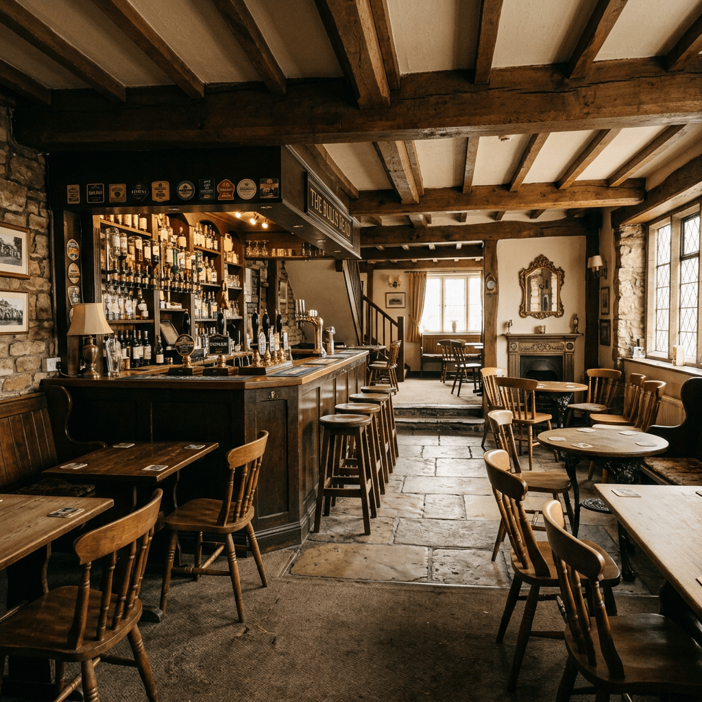 Traditional pub interior with stocked bar, wooden tables, and exposed beams