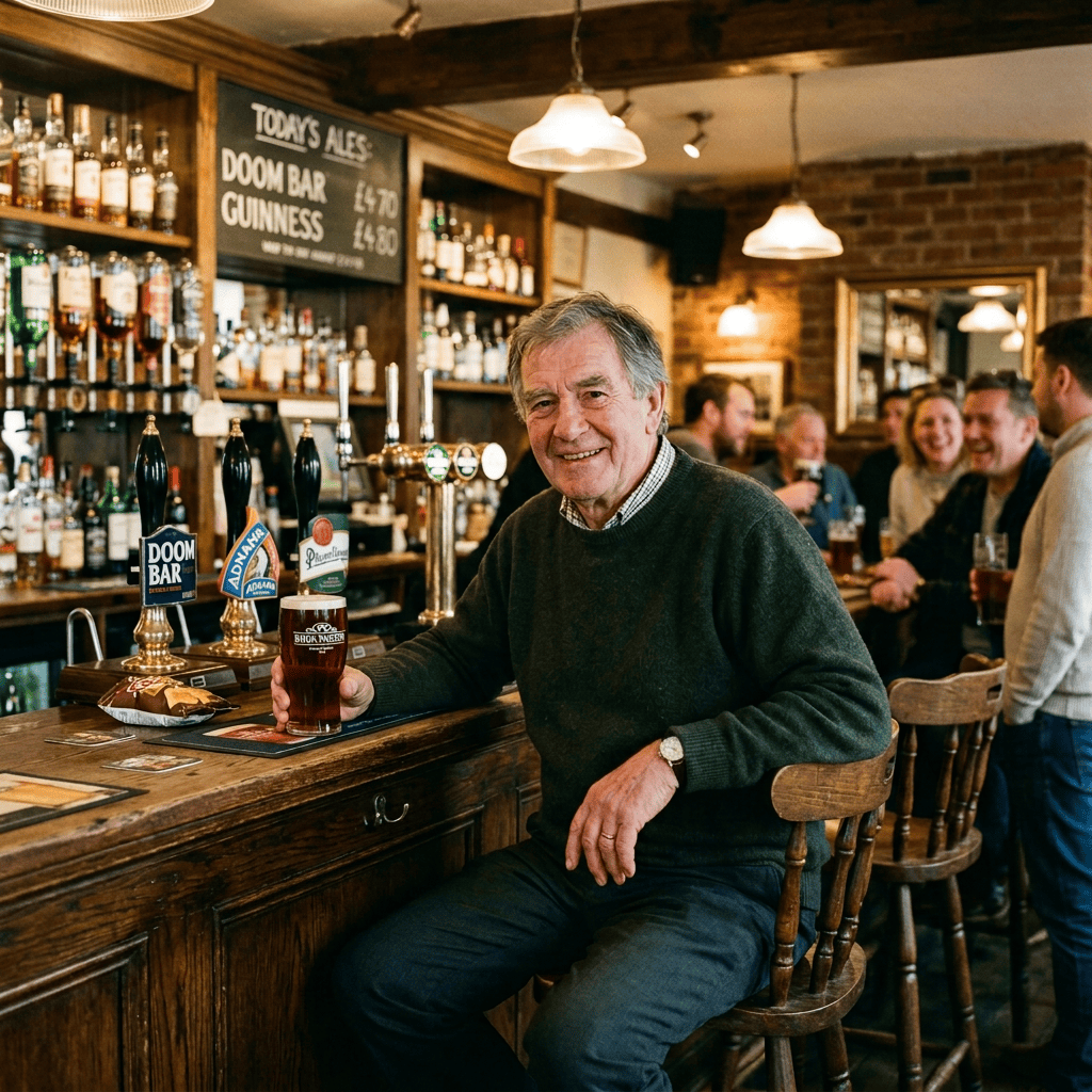 Robert De Niro seated at a pub bar holding a pint of beer